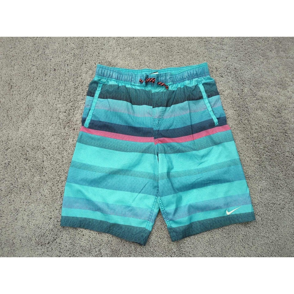 Nike Board Shorts Mens Small Blue Striped Elastic Waist Swimming Athletic Casual